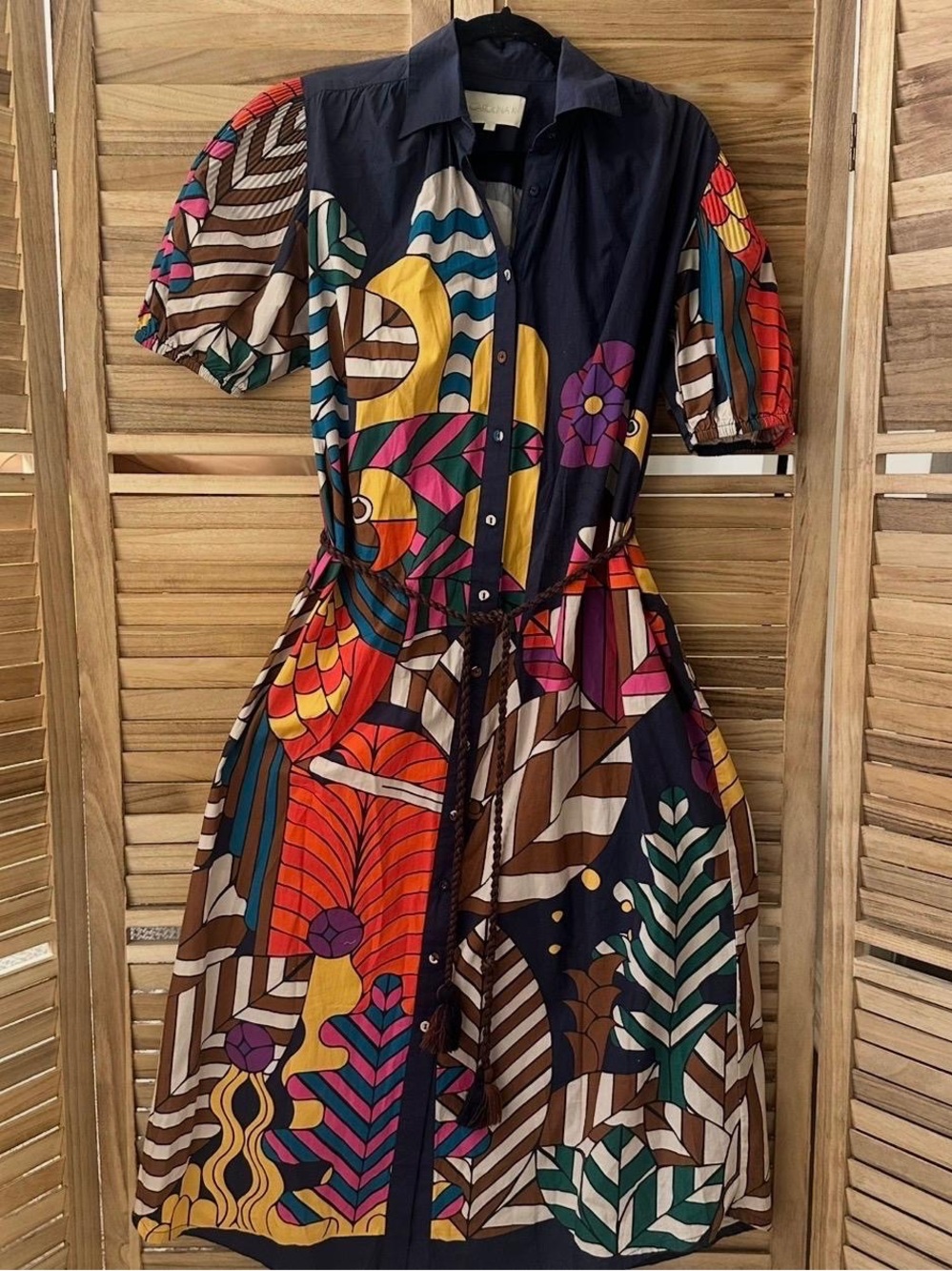 Carolina K Valerie Pleated Geometric Print Puff Sleeve  Kaftan Dress Size S - Picture 8 of 8